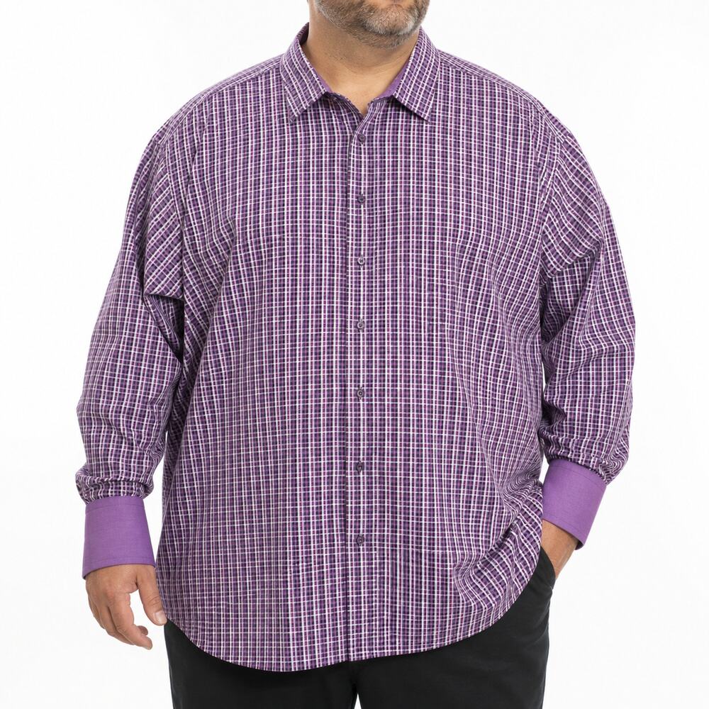 ENRO Shirt Mens 3XL Purple White Essentials Check Cotton French Cuffs Button-Up